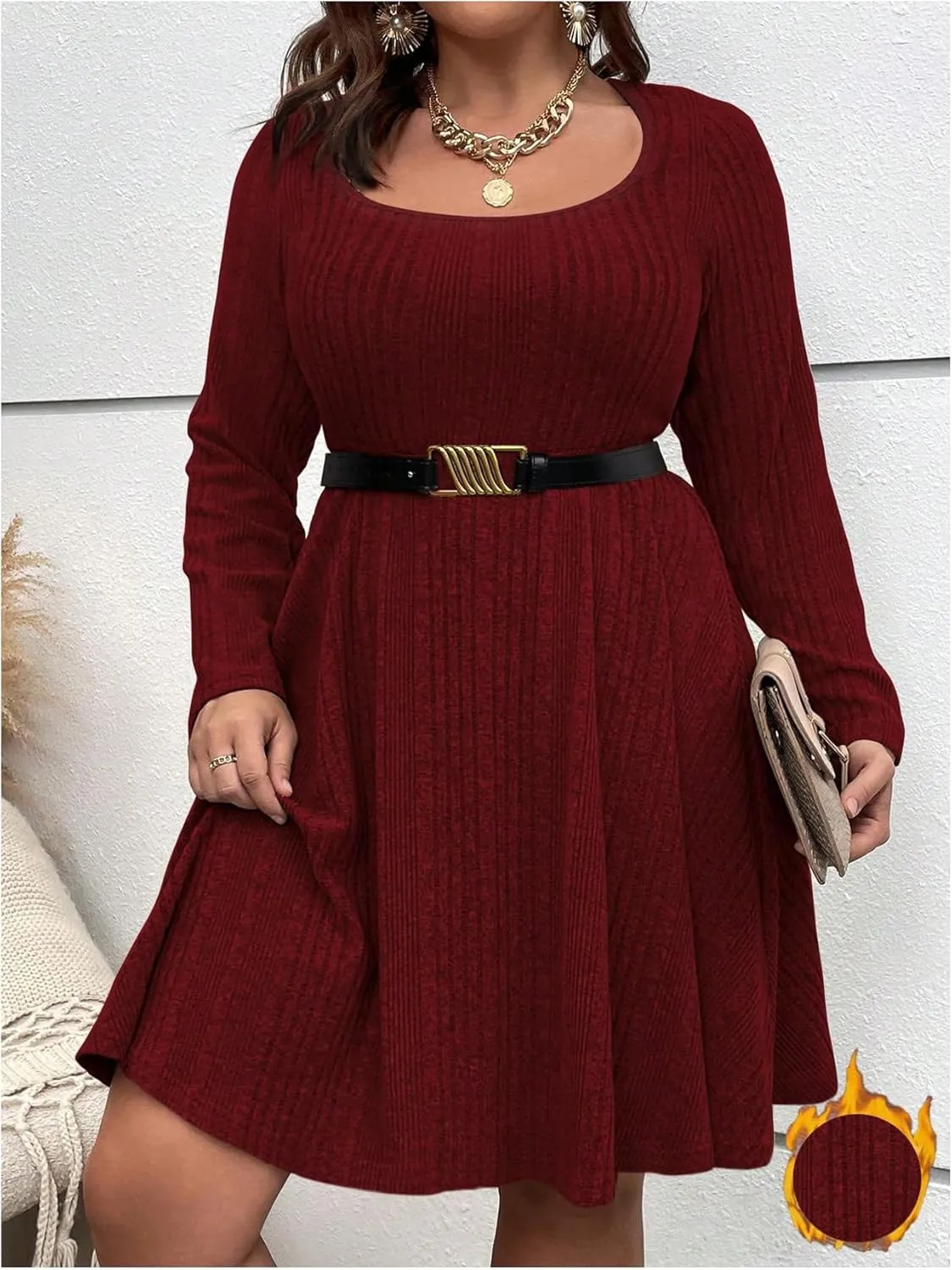 MakeMeChic Women's Plus Size Rib Knit Square Neck Sweater Dress A Line Flare Mini Dresses