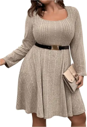 MakeMeChic Women's Plus Size Rib Knit Square Neck Sweater Dress A Line Flare Mini Dresses