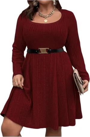 MakeMeChic Women's Plus Size Rib Knit Square Neck Sweater Dress A Line Flare Mini Dresses