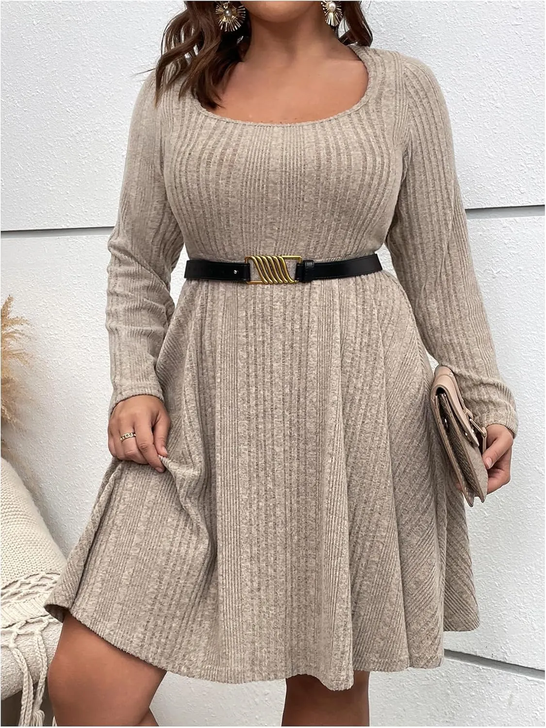 MakeMeChic Women's Plus Size Rib Knit Square Neck Sweater Dress A Line Flare Mini Dresses