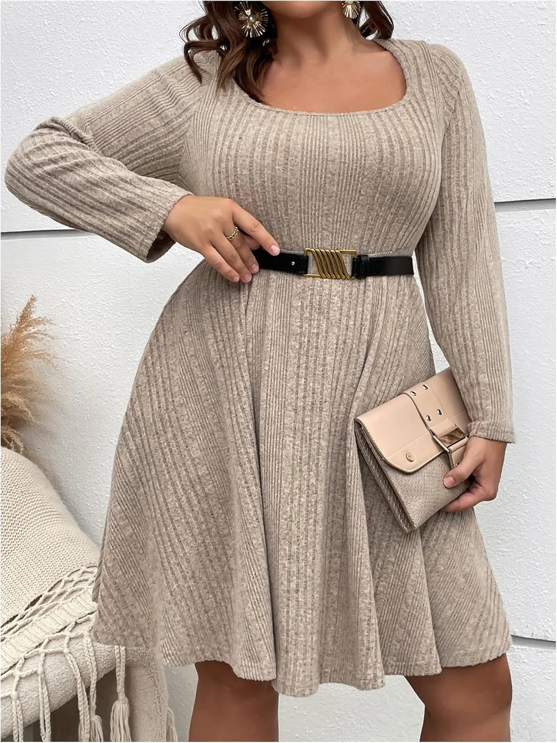 MakeMeChic Women's Plus Size Rib Knit Square Neck Sweater Dress A Line Flare Mini Dresses
