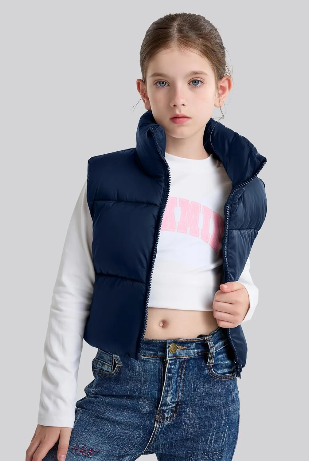 maoo garden Girls Winter Puffer Vest Faux-Down Short Cropped Lightweight Water-Resistant Big Girls Sleeveless Jacket