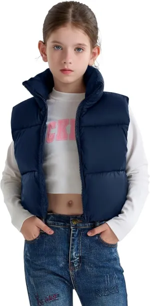 maoo garden Girls Winter Puffer Vest Faux-Down Short Cropped Lightweight Water-Resistant Big Girls Sleeveless Jacket
