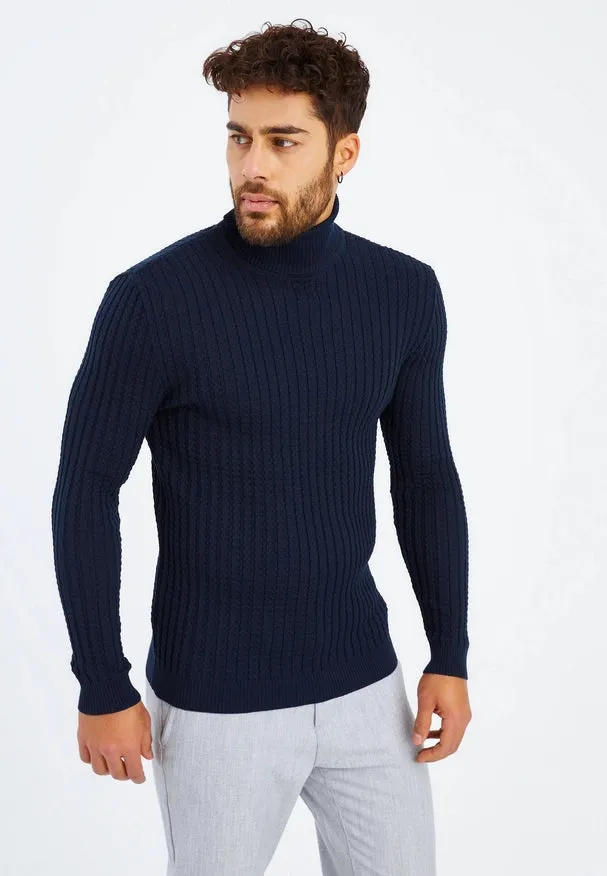 Men'S Knitted Fine Knit Turtleneck Pullover Blue