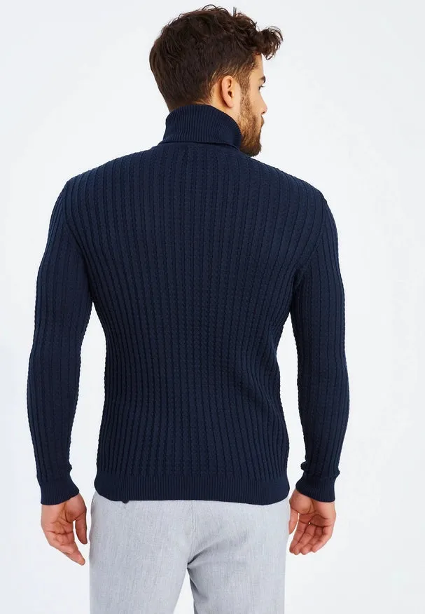 Men'S Knitted Fine Knit Turtleneck Pullover Blue