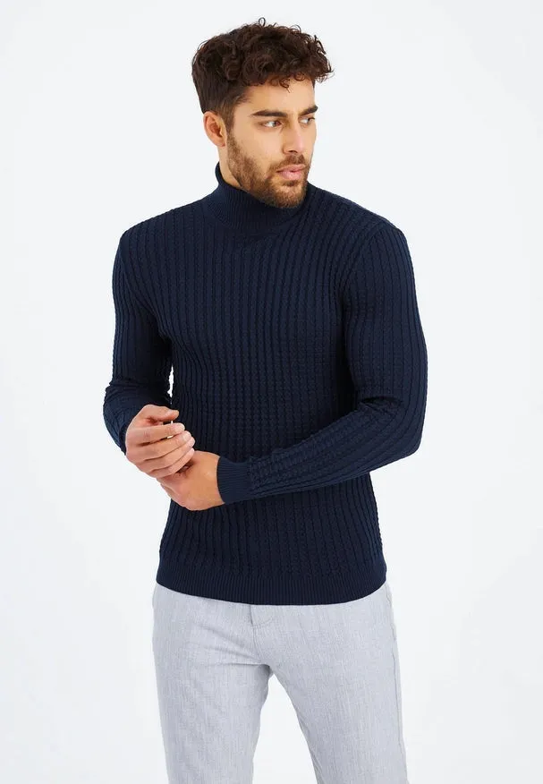 Men'S Knitted Fine Knit Turtleneck Pullover Blue