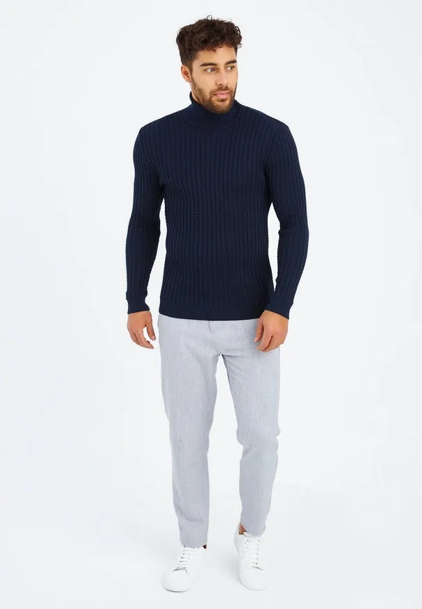Men'S Knitted Fine Knit Turtleneck Pullover Blue