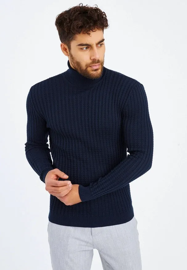 Men'S Knitted Fine Knit Turtleneck Pullover Blue