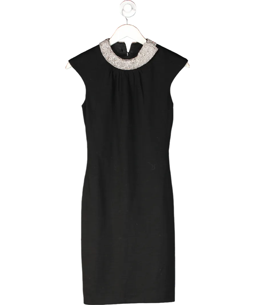 Milly Black Embellished Neck Wool Midi Dress UK S