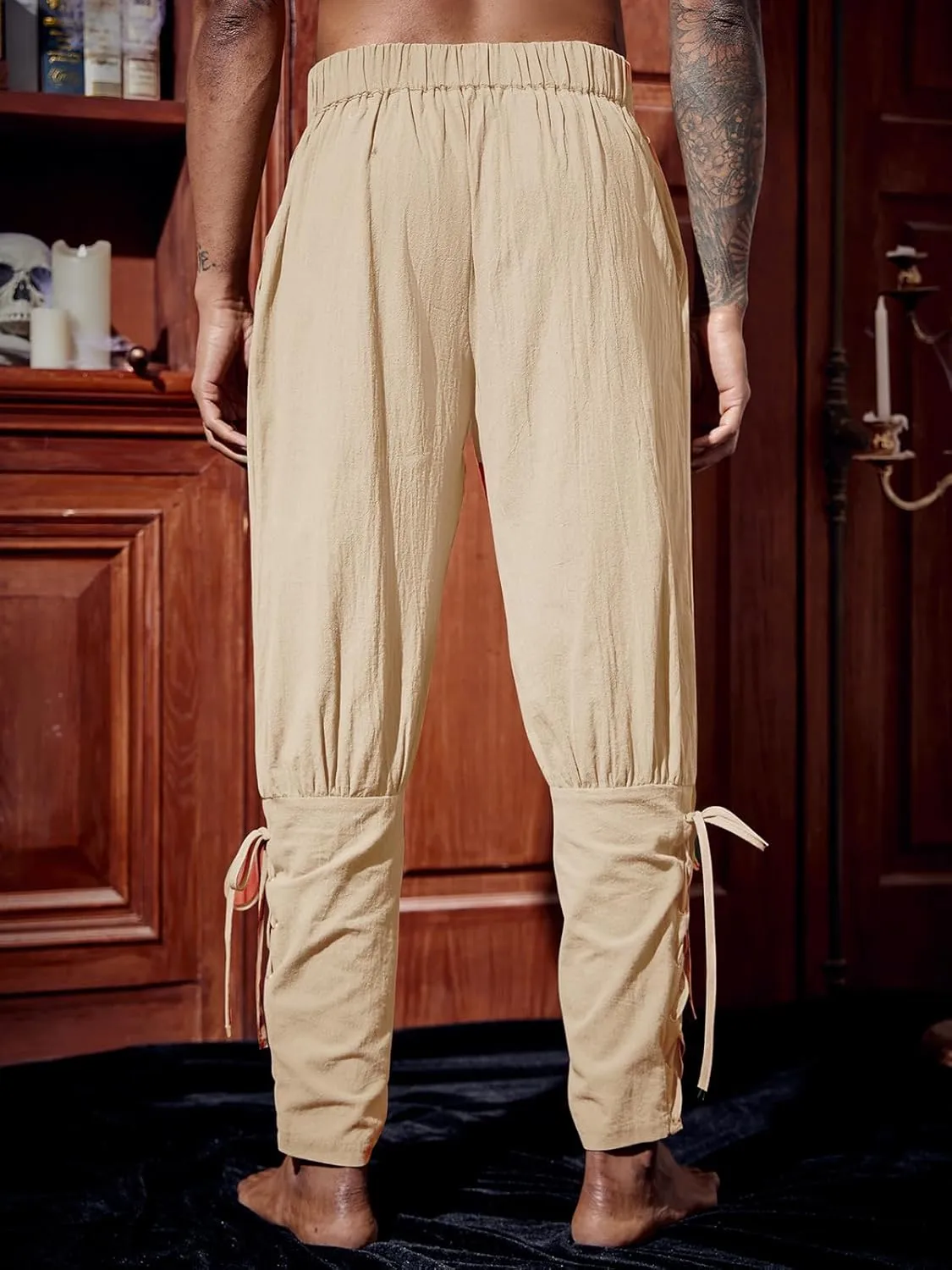 Runcati Mens Medieval Ankle Pants Renaissance Viking Pirate Lace Up Tapered Halloween Linen Costume Trousers