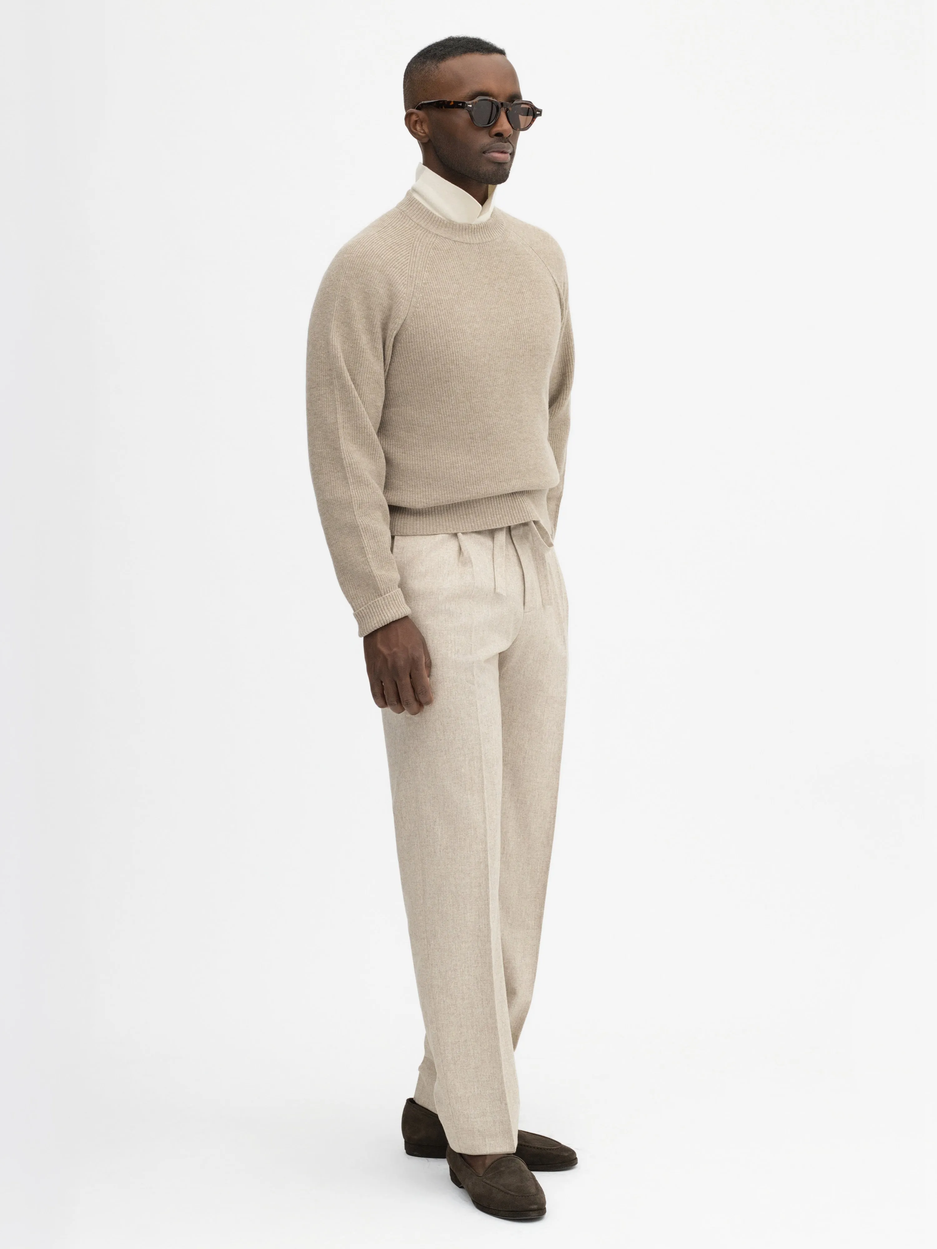 Taupe Merino Wool Cashmere Raglan Crewneck
