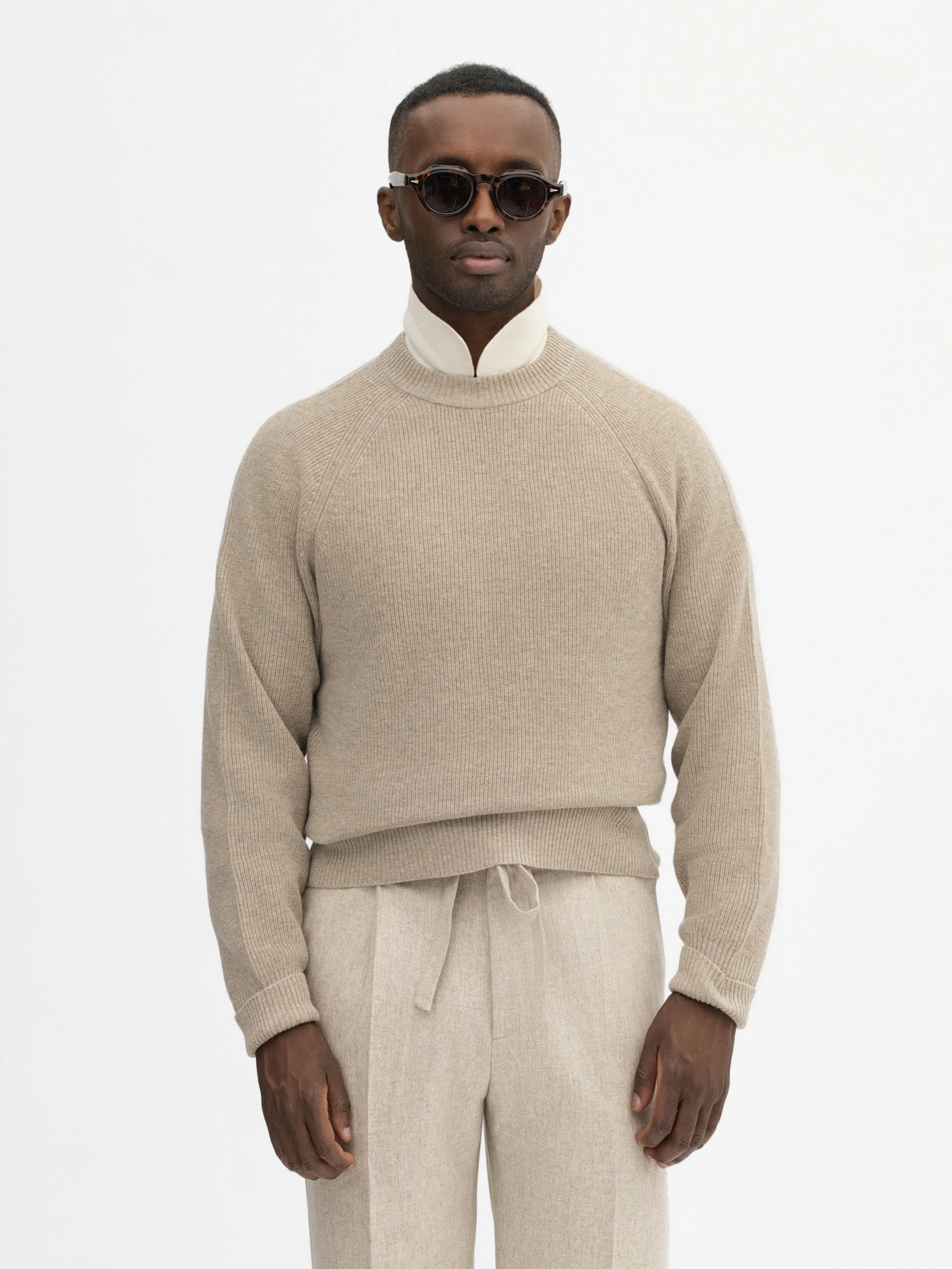 Taupe Merino Wool Cashmere Raglan Crewneck