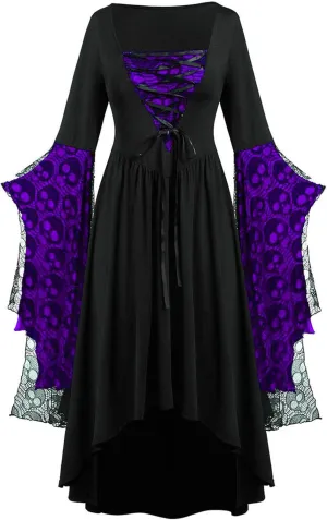 Vacation Halloween Dresses for Women Sleeve V Neck Lace Skull Midi Vintage Goth Thermal Fuzzy Dresses Women