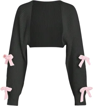 Verdusa Women's Bow Knot Open Front Long Sleeve Knitted Crop Cute Cardigan Sweater