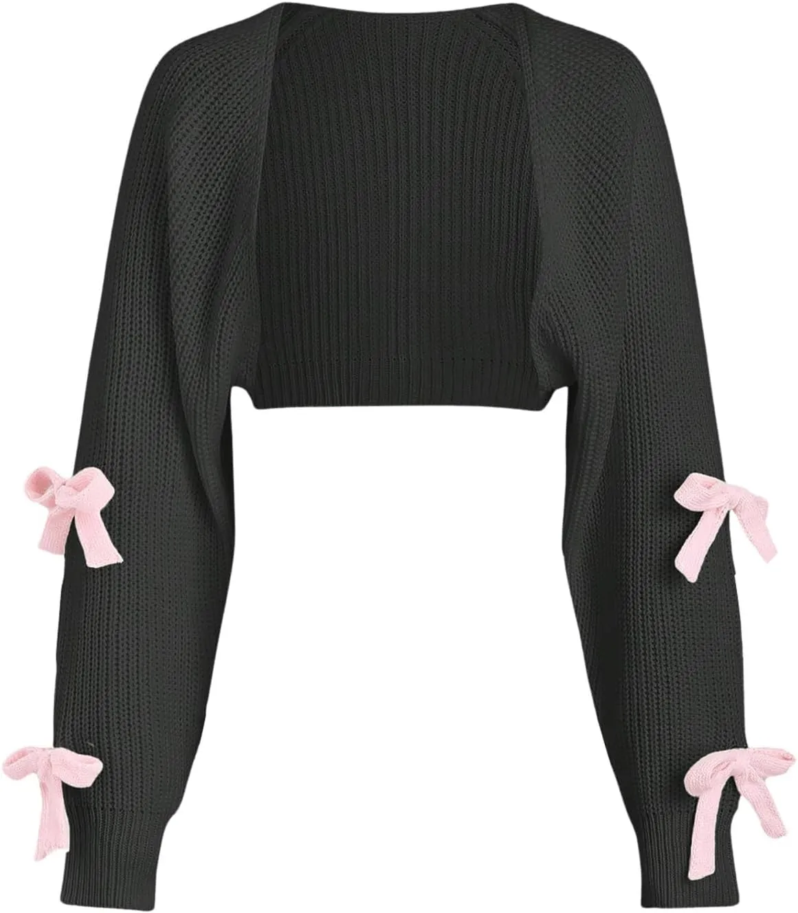 Verdusa Women's Bow Knot Open Front Long Sleeve Knitted Crop Cute Cardigan Sweater