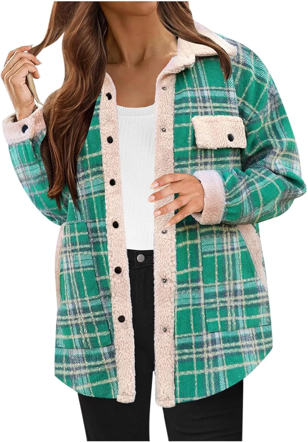 Women 2024 Hooded Flannel Jacket Warm Sherpa Shacket Fleece Lined Button Down Plaid Coat Trendy Fall Winter Outfits