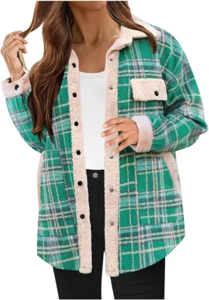 Women 2024 Hooded Flannel Jacket Warm Sherpa Shacket Fleece Lined Button Down Plaid Coat Trendy Fall Winter Outfits