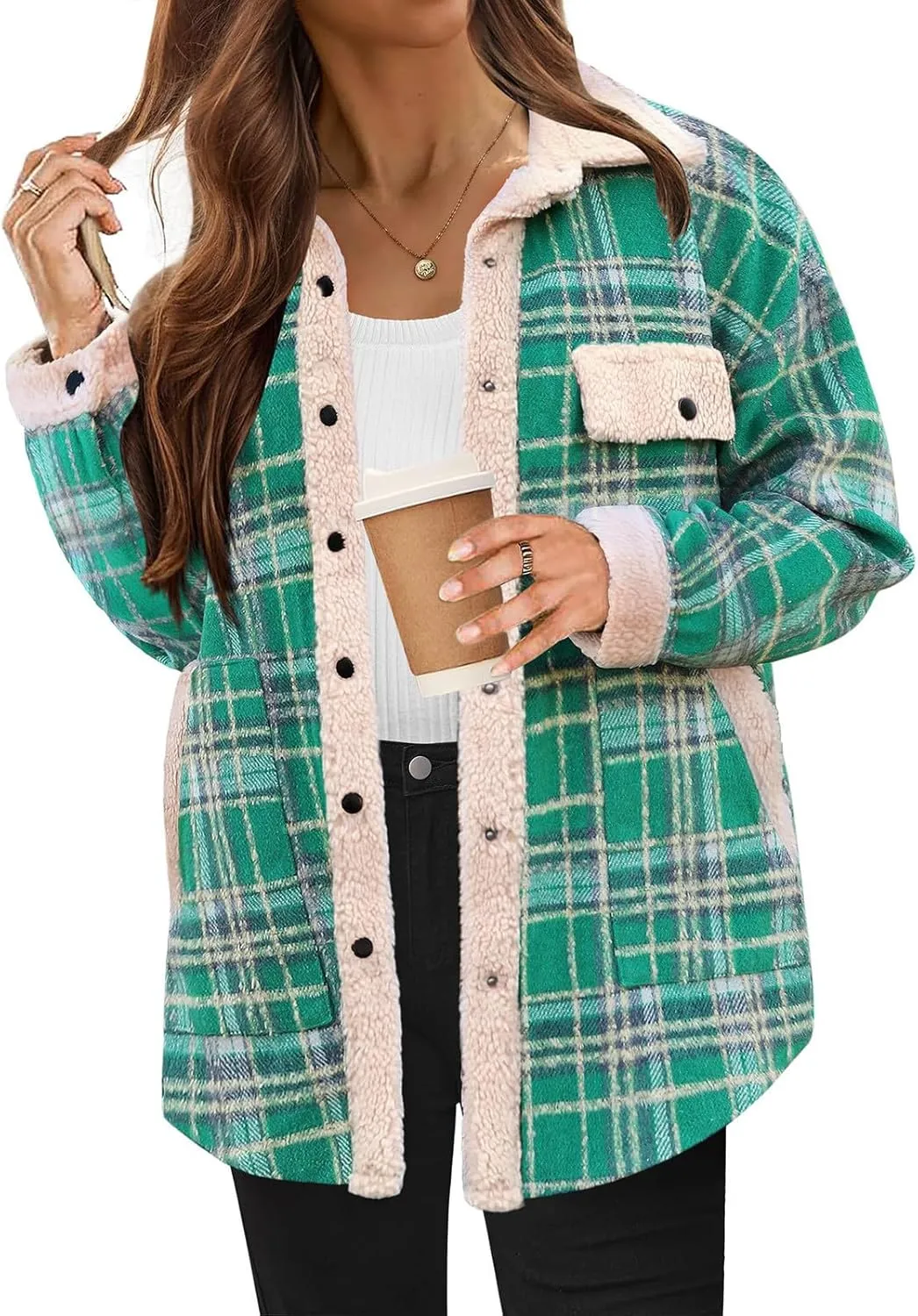 Women 2024 Hooded Flannel Jacket Warm Sherpa Shacket Fleece Lined Button Down Plaid Coat Trendy Fall Winter Outfits