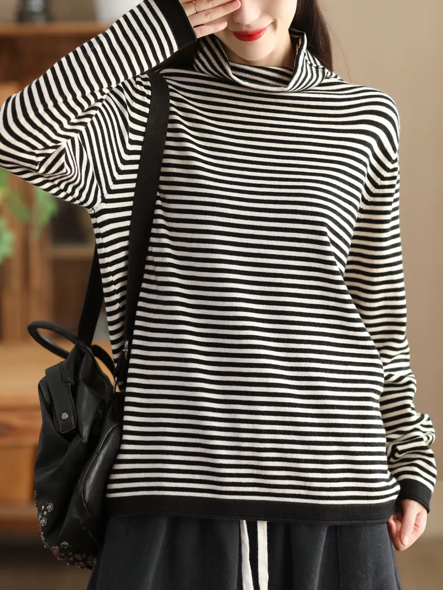 Women Casual Stripe Turtleneck Wool Warm Sweater