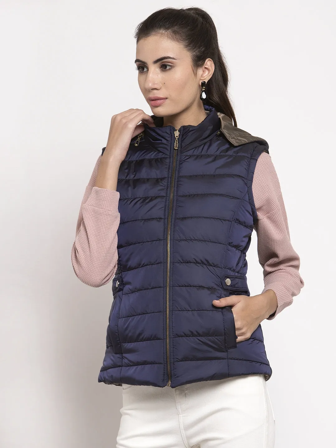 Women Navy Blue Solid Hooded Reversible Jacket