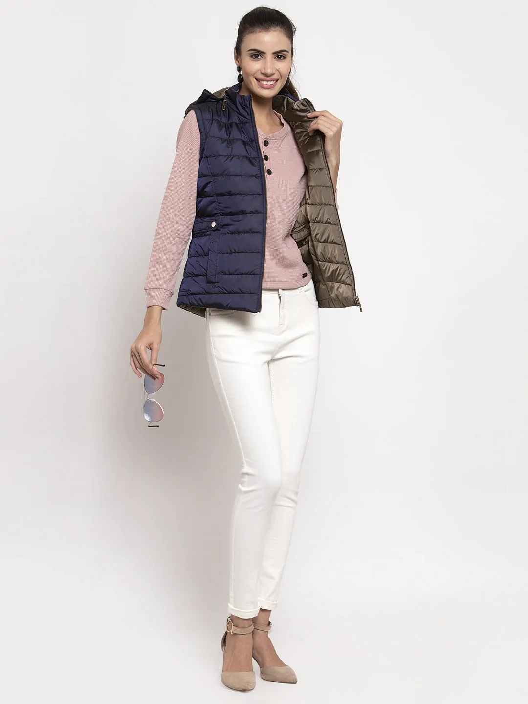 Women Navy Blue Solid Hooded Reversible Jacket