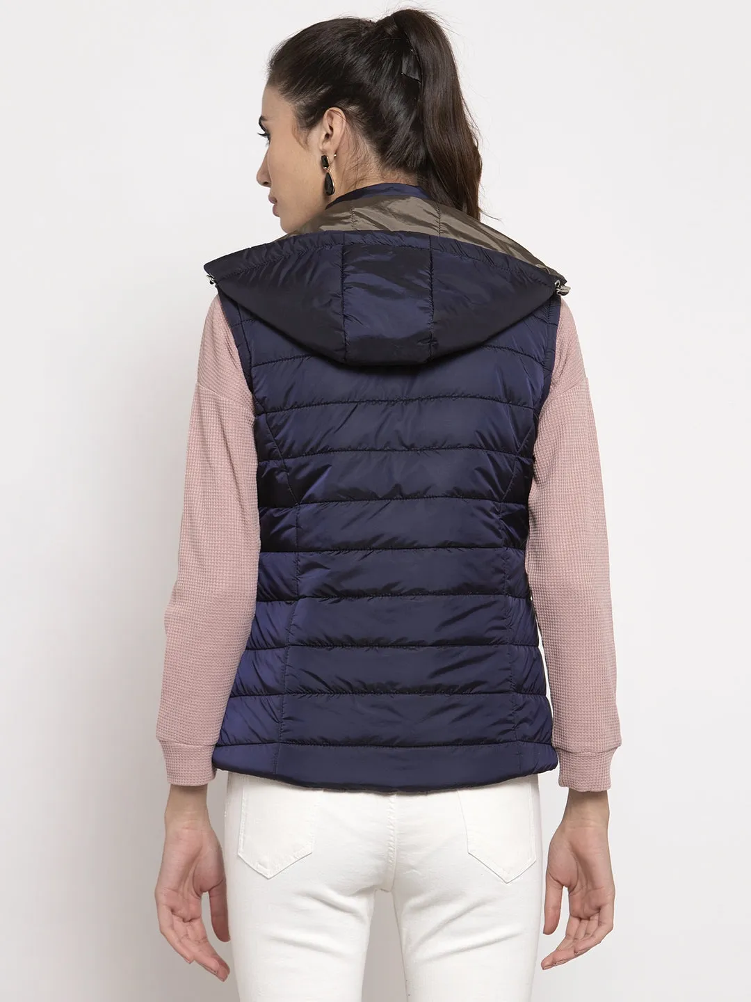 Women Navy Blue Solid Hooded Reversible Jacket