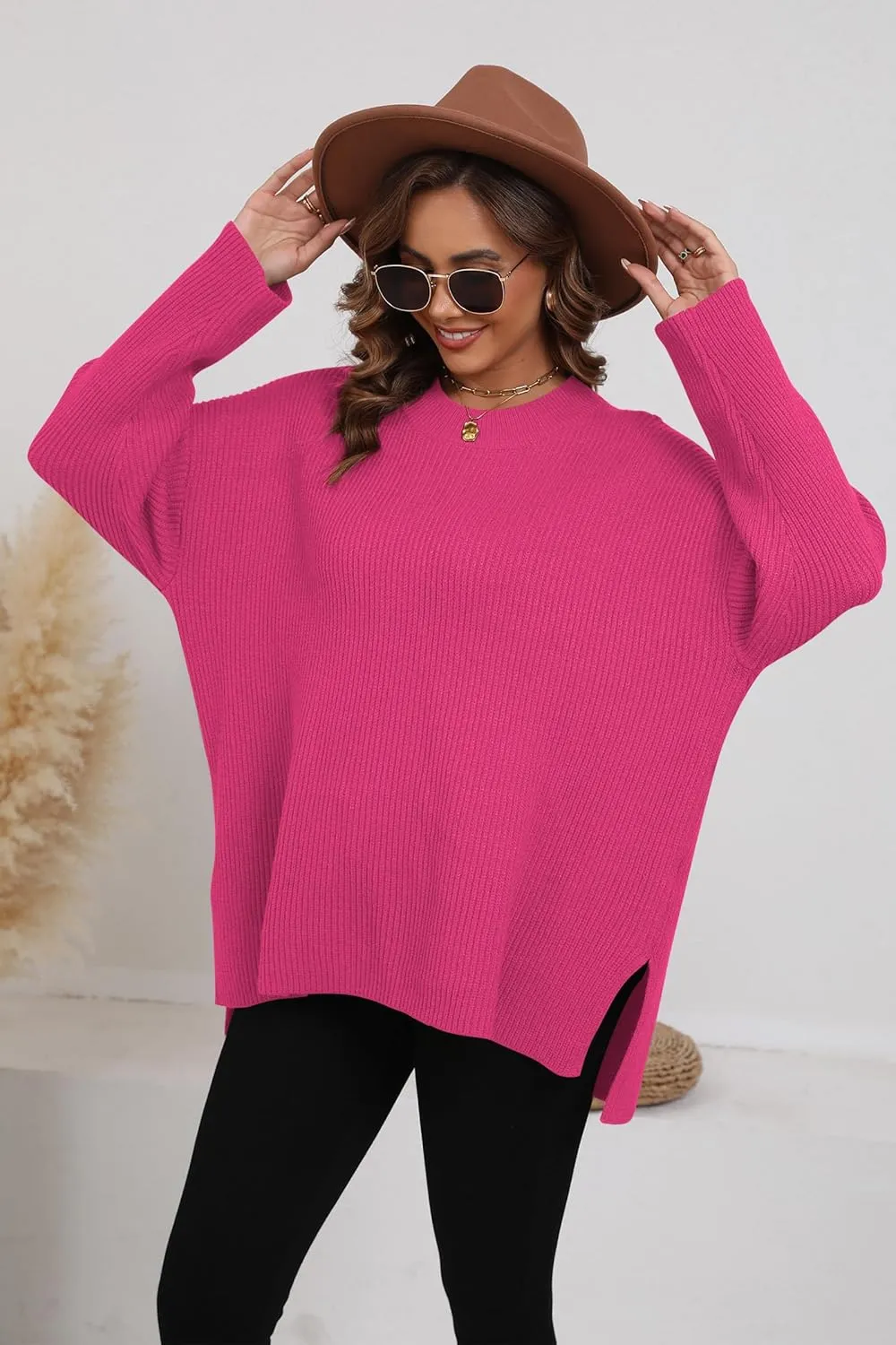 Women's Batwing Long Sleeve Oversized Sweaters Fall Loose Fit Knitted Side Slit Pullover Tops
