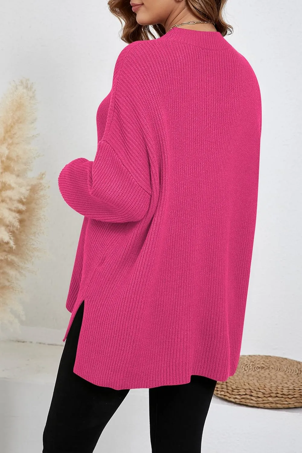 Women's Batwing Long Sleeve Oversized Sweaters Fall Loose Fit Knitted Side Slit Pullover Tops