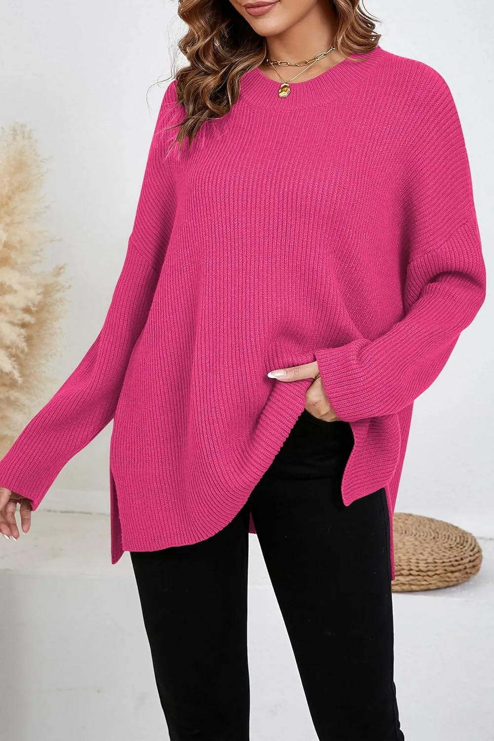 Women's Batwing Long Sleeve Oversized Sweaters Fall Loose Fit Knitted Side Slit Pullover Tops