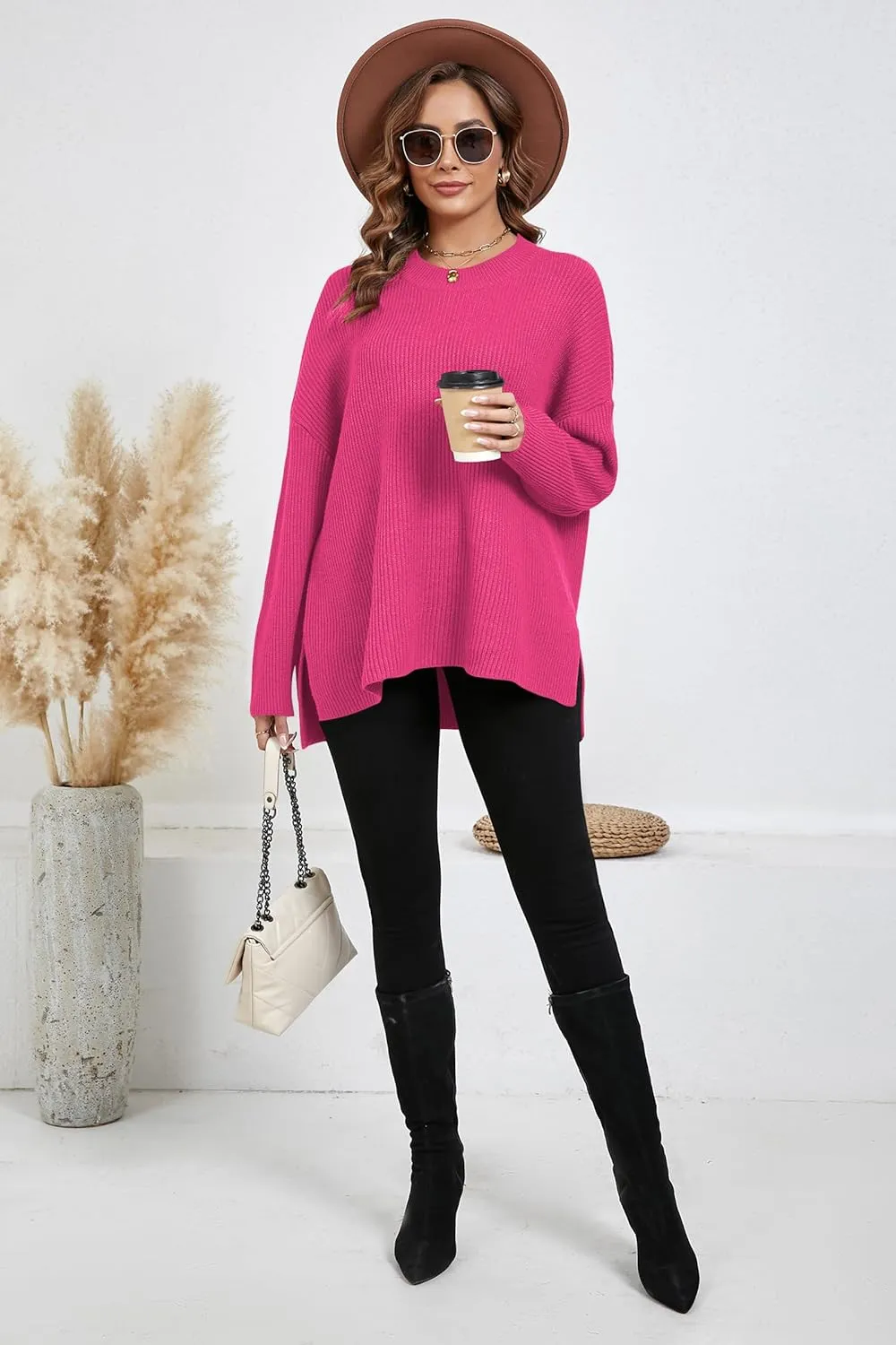 Women's Batwing Long Sleeve Oversized Sweaters Fall Loose Fit Knitted Side Slit Pullover Tops