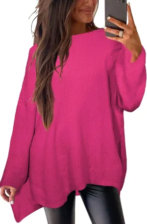 Women's Batwing Long Sleeve Oversized Sweaters Fall Loose Fit Knitted Side Slit Pullover Tops
