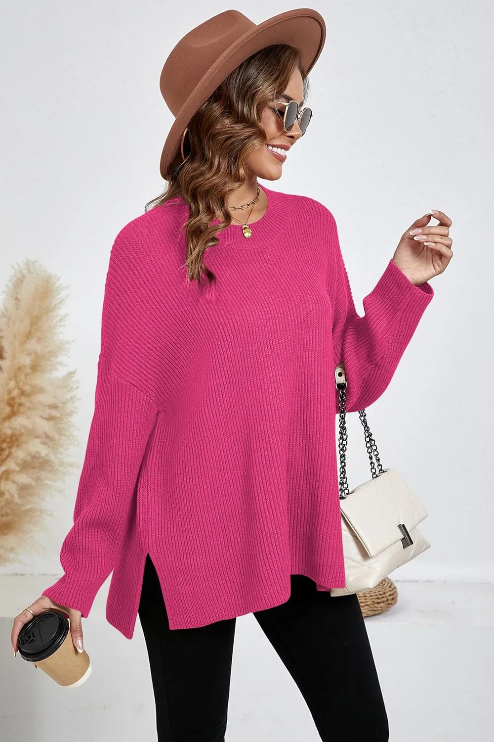 Women's Batwing Long Sleeve Oversized Sweaters Fall Loose Fit Knitted Side Slit Pullover Tops