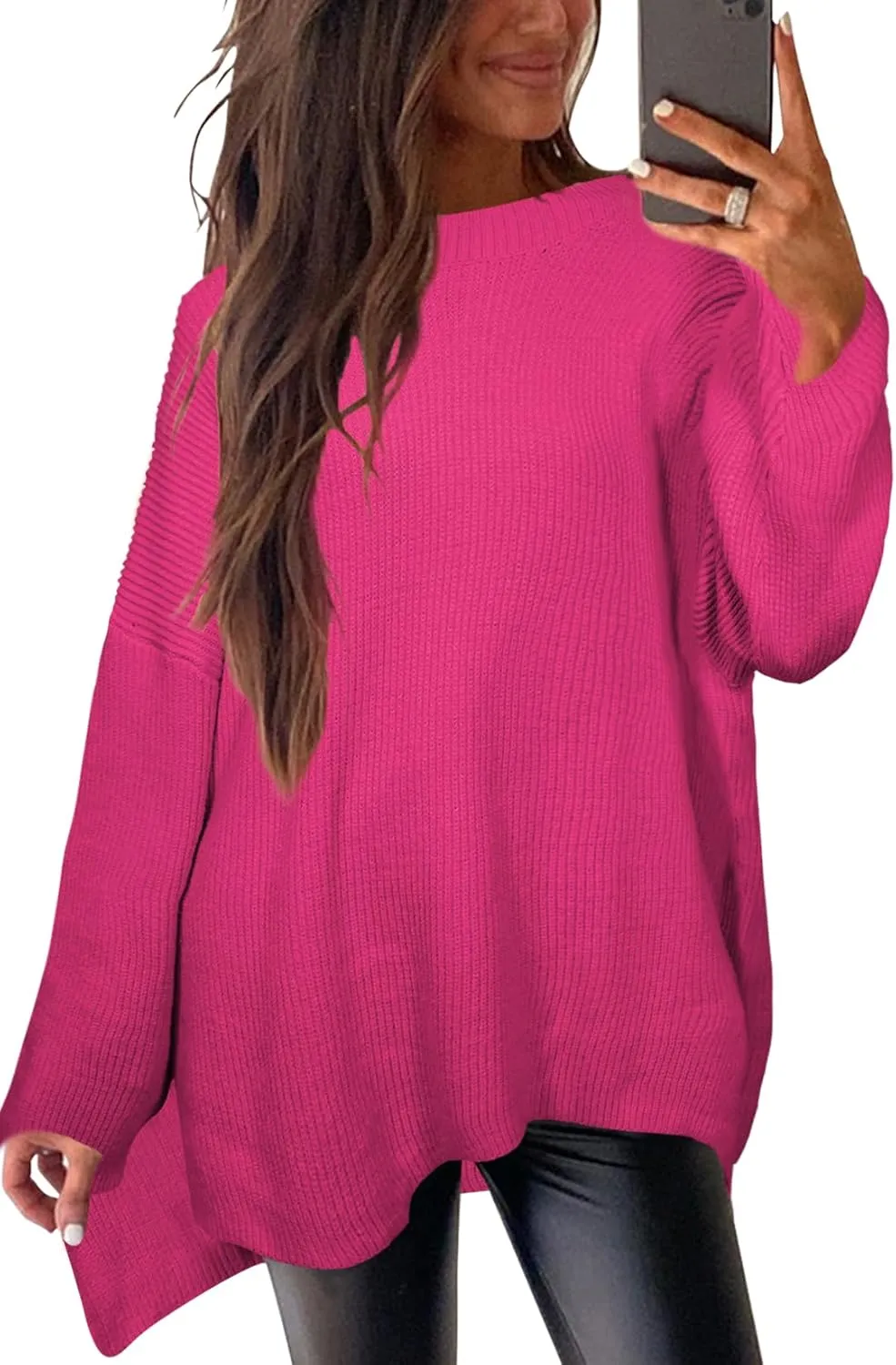Women's Batwing Long Sleeve Oversized Sweaters Fall Loose Fit Knitted Side Slit Pullover Tops