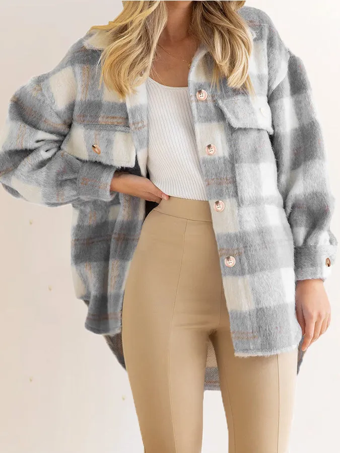 Women's Coats Plaid Plush Single Breasted Wool Thick Coat