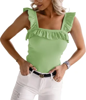 Womens Cute Sleeveless Tank Tops Ruffle Strap Square Neck Blouse Solid Color Knitted Camisole