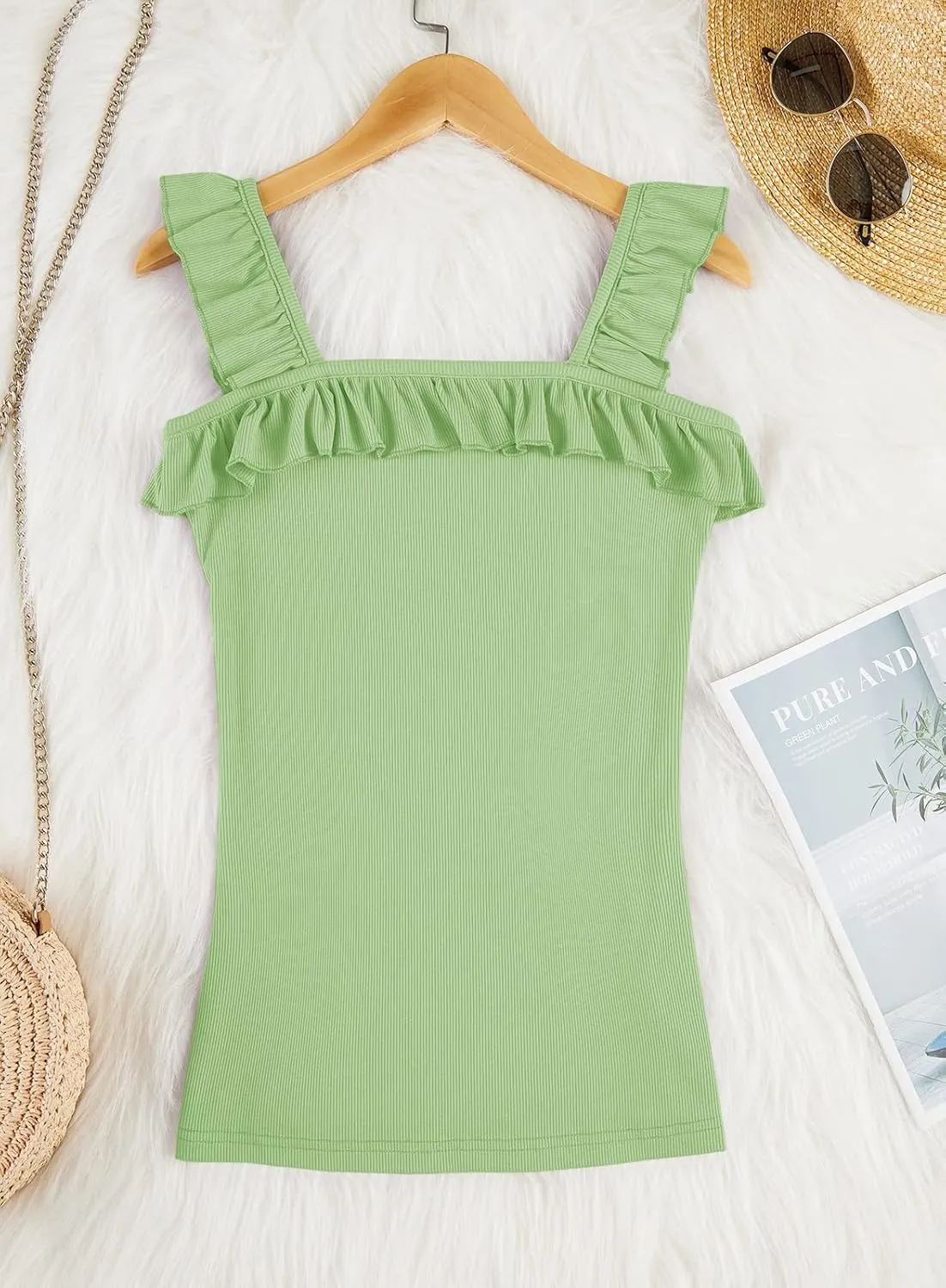 Womens Cute Sleeveless Tank Tops Ruffle Strap Square Neck Blouse Solid Color Knitted Camisole