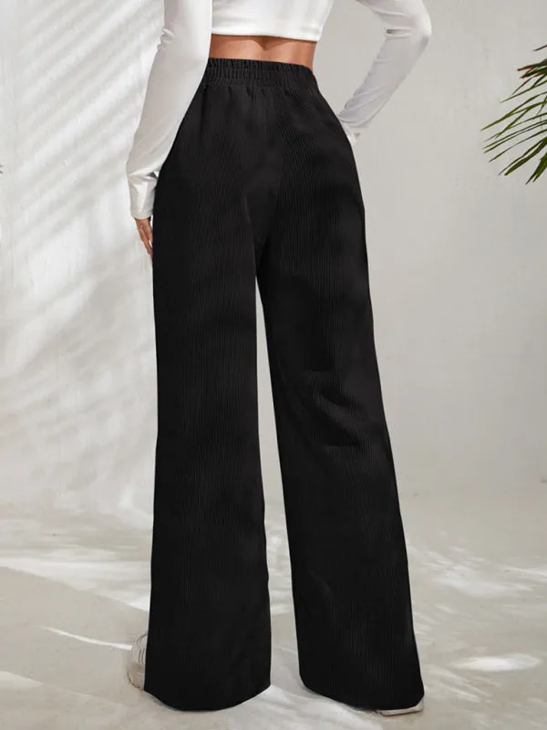 Women's Elastic Waistband Mid-Waist Corduroy Wide Leg Slit Pants