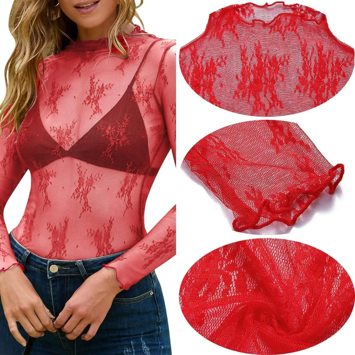 Womens Lace Top Long Sleeve Mesh Tops for Women Mock Neck Floral Sheer See Through Shirts for Party Club Casual