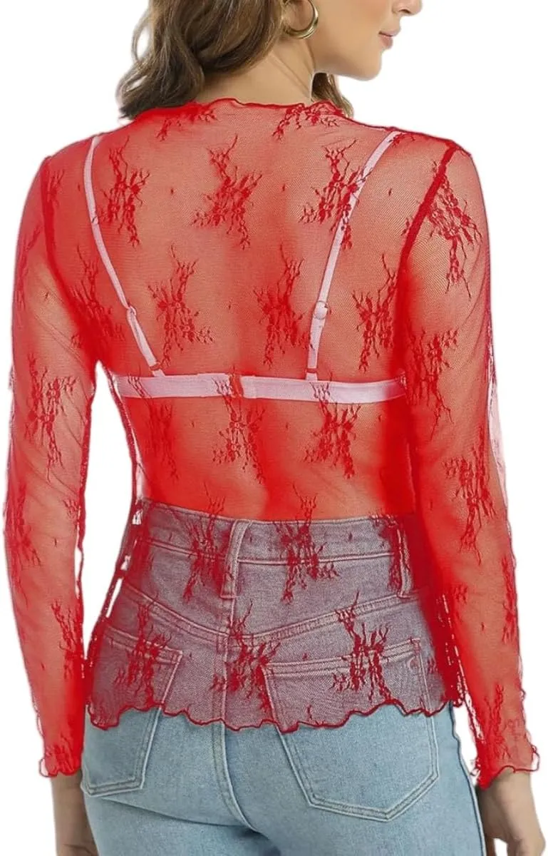 Womens Lace Top Long Sleeve Mesh Tops for Women Mock Neck Floral Sheer See Through Shirts for Party Club Casual