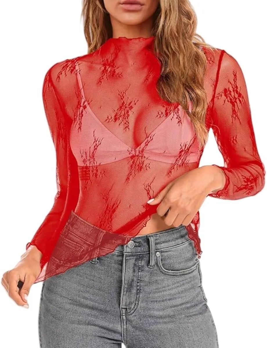 Womens Lace Top Long Sleeve Mesh Tops for Women Mock Neck Floral Sheer See Through Shirts for Party Club Casual