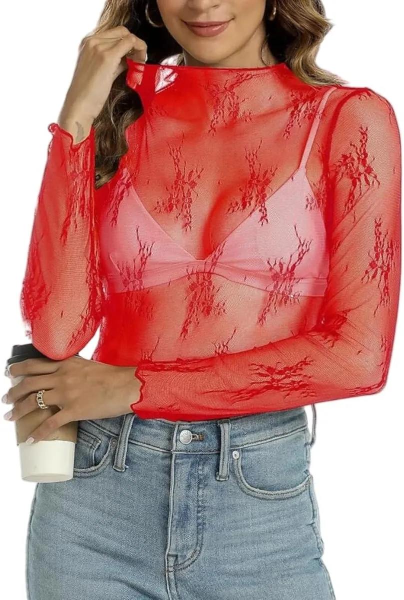Womens Lace Top Long Sleeve Mesh Tops for Women Mock Neck Floral Sheer See Through Shirts for Party Club Casual