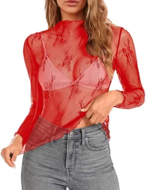 Womens Lace Top Long Sleeve Mesh Tops for Women Mock Neck Floral Sheer See Through Shirts for Party Club Casual