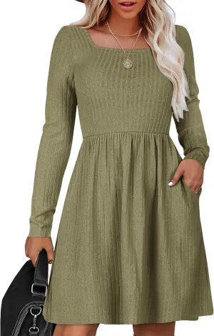 Zeagoo Womens Casual Sweater Dress Square Neck Knit Long Sleeve Dress with Pockets A-Line Knee Length Fall Winter Dress