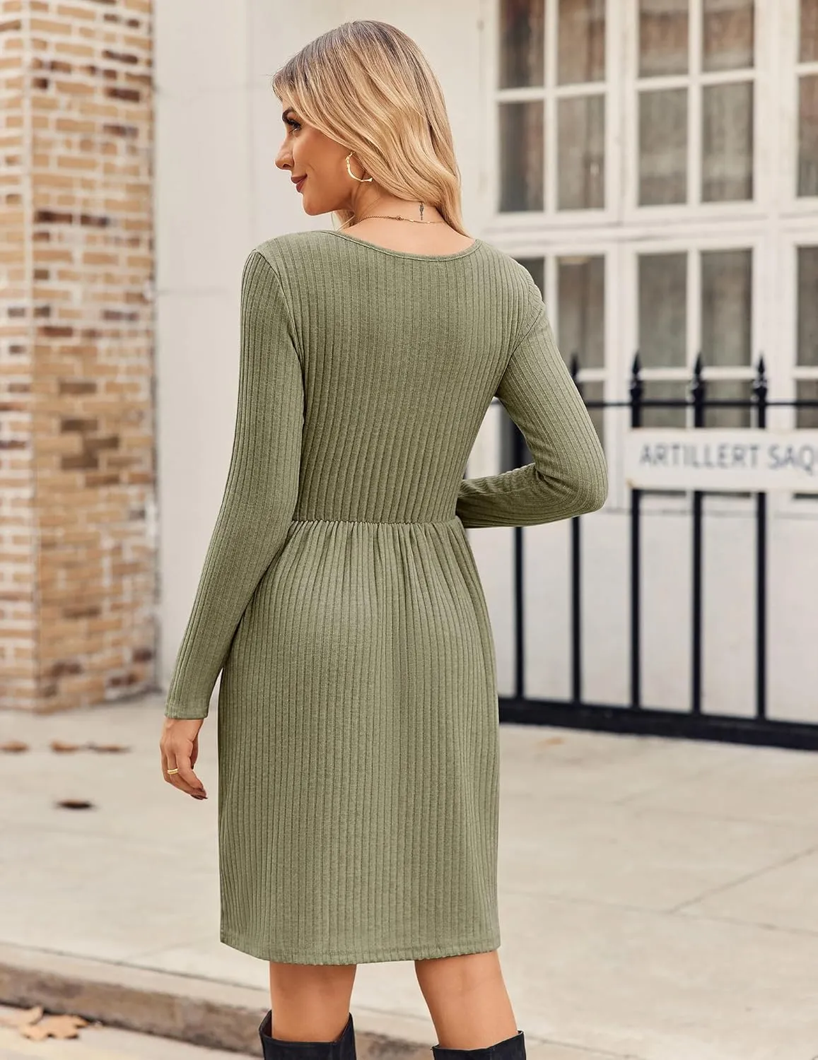 Zeagoo Womens Casual Sweater Dress Square Neck Knit Long Sleeve Dress with Pockets A-Line Knee Length Fall Winter Dress
