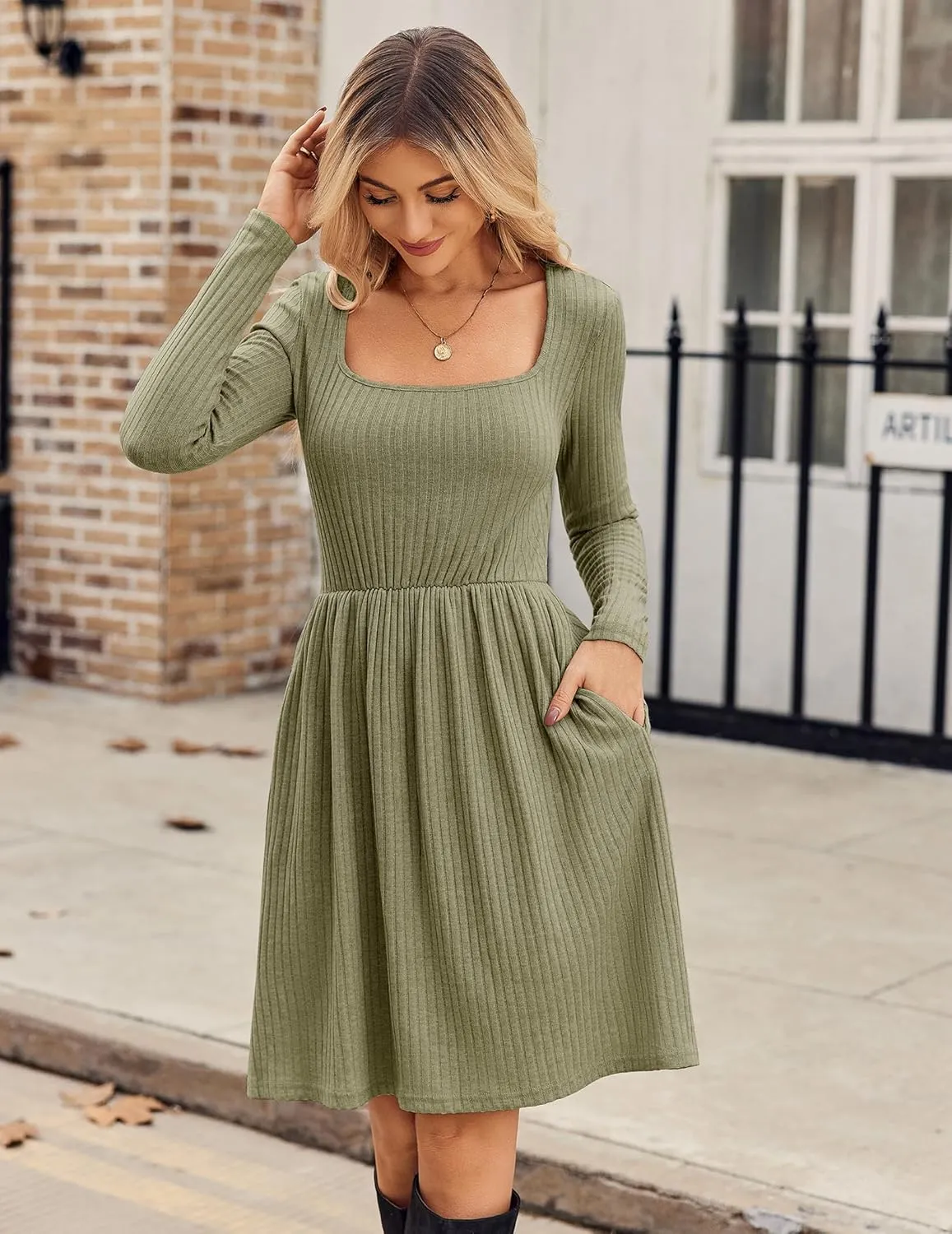 Zeagoo Womens Casual Sweater Dress Square Neck Knit Long Sleeve Dress with Pockets A-Line Knee Length Fall Winter Dress