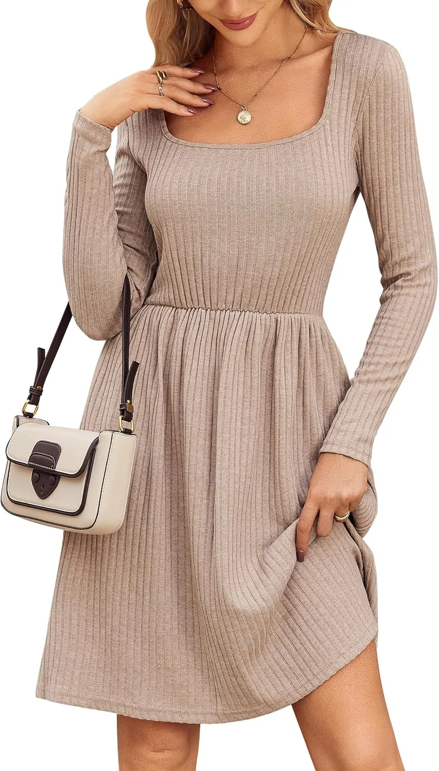 Zeagoo Womens Casual Sweater Dress Square Neck Knit Long Sleeve Dress with Pockets A-Line Knee Length Fall Winter Dress