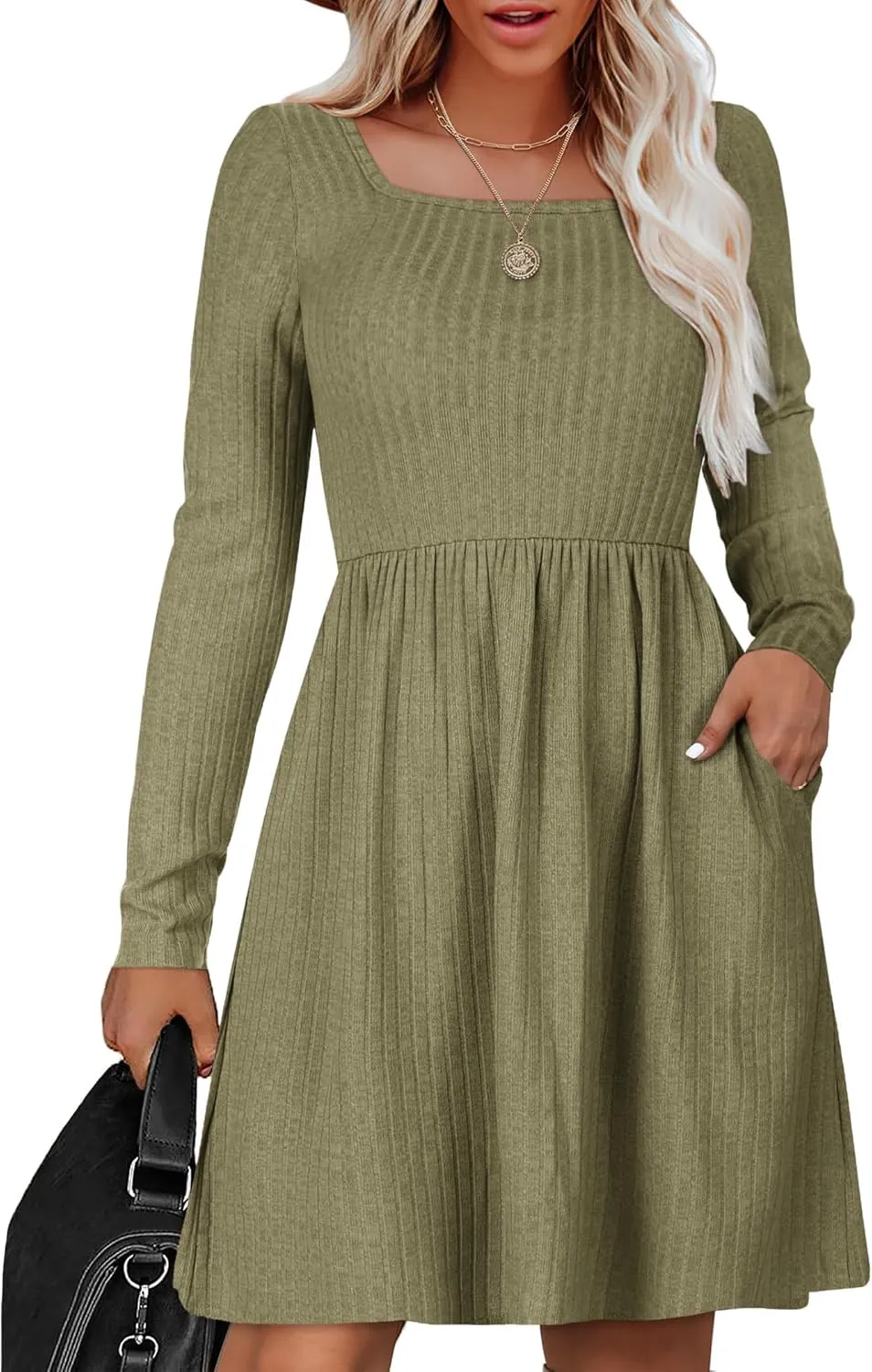 Zeagoo Womens Casual Sweater Dress Square Neck Knit Long Sleeve Dress with Pockets A-Line Knee Length Fall Winter Dress