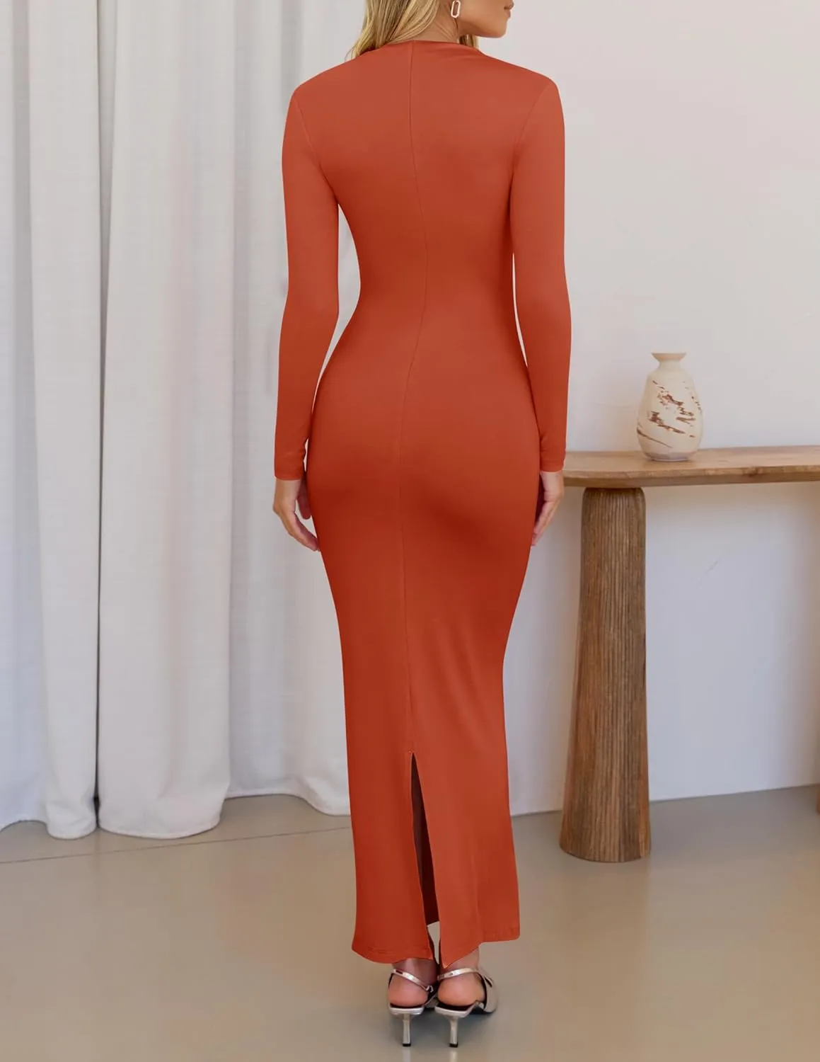 ZESICA Women's Spring Long Sleeve Bodycon Maxi Dresses Sexy Ruched Crew Neck Slim Fit Cocktail Party Dress