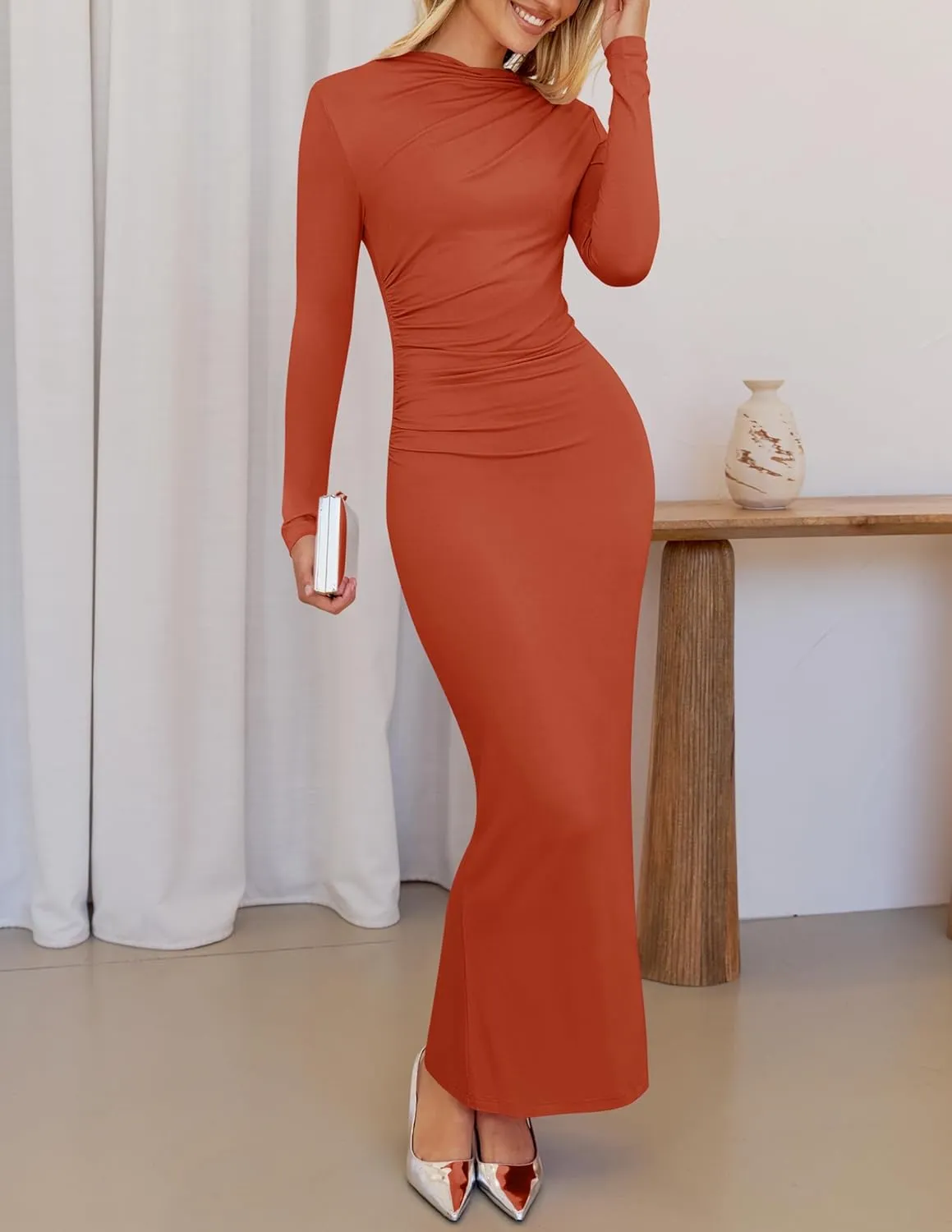 ZESICA Women's Spring Long Sleeve Bodycon Maxi Dresses Sexy Ruched Crew Neck Slim Fit Cocktail Party Dress