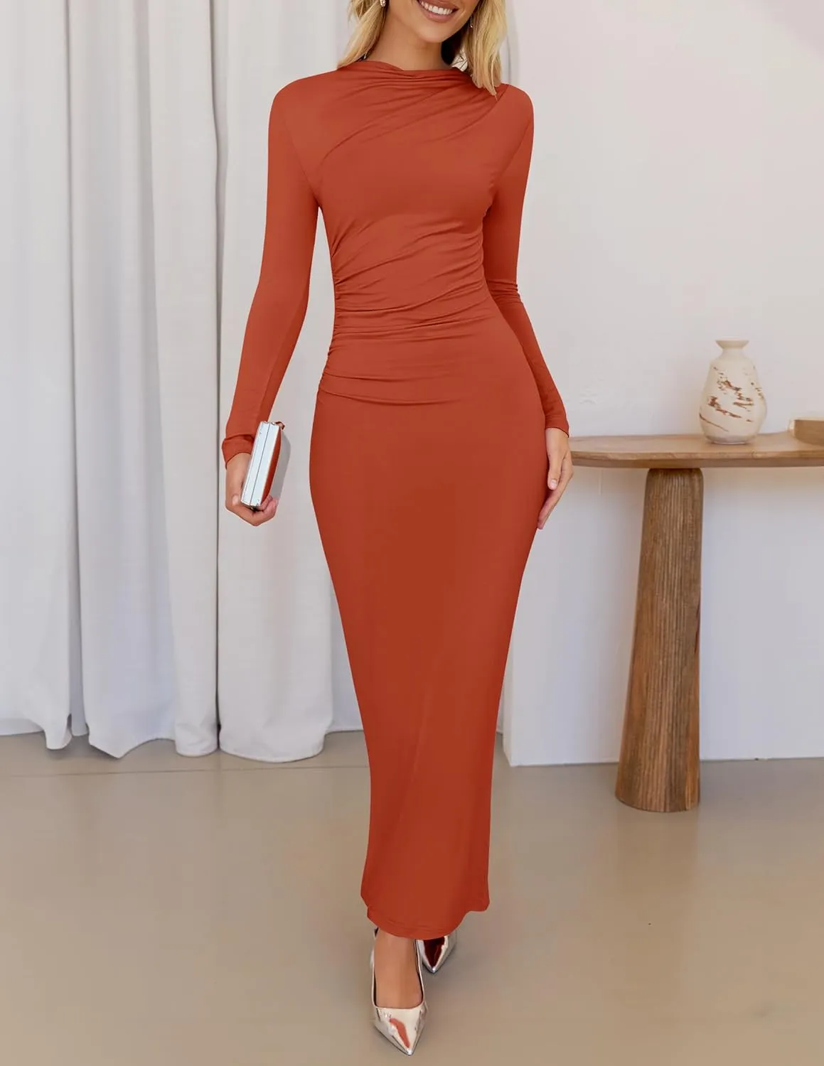 ZESICA Women's Spring Long Sleeve Bodycon Maxi Dresses Sexy Ruched Crew Neck Slim Fit Cocktail Party Dress